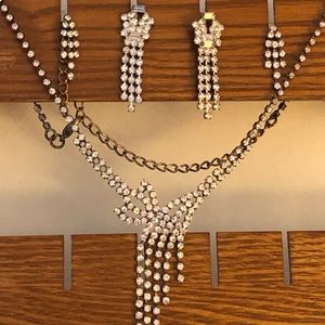 Rhinestone Necklace/2 pairs Drop Earrings Set